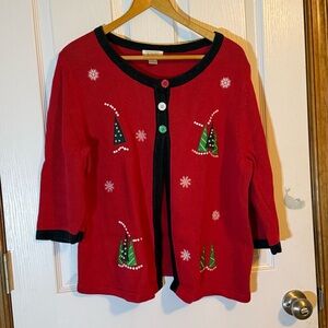 Christopher & Banks Red Christmas Holiday Cardigan with Christmas Trees Large